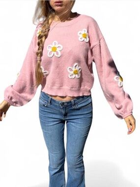 Sweaters | Pastel Pink Knit Cropped Balloon Sleeve Embroidered Daisy ...